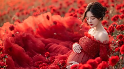 Portrait of beautiful Korean pregnant woman in red gown in rose field with a big copy space, Generative AI.