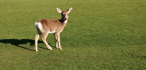  a deer standing in the middle of a field of green grass with a shadow of its head on it's back end of the deer's back legs.