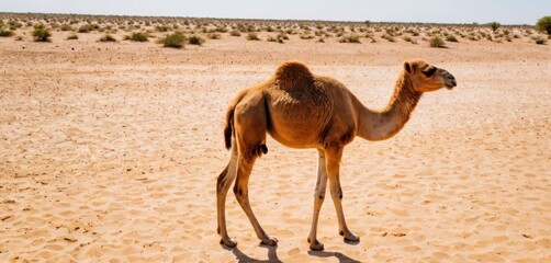  a camel standing in the middle of a sandy area with a few bushes in the back ground and a few bushes in the back ground and a few bushes in the back ground.