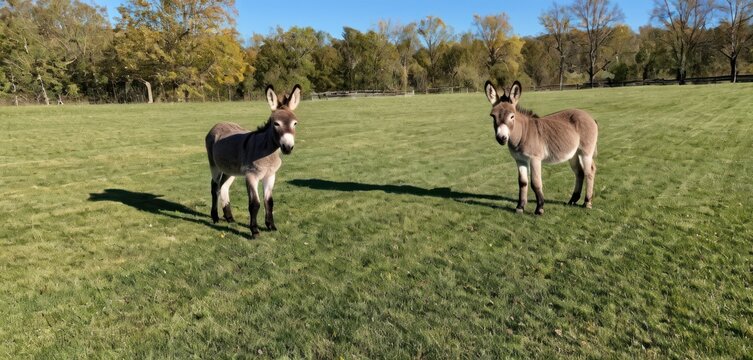  two donkeys standing in a grassy field with trees in the backgroound and a blue sky in the backgroound with no one looking at the camera.