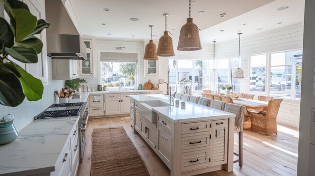 coastal interior design concept dining natural material cosy comfort Woven pendant lights bring a modern coastal feeling to this light and airy kitchen The stylish counter stools are a favorite theme