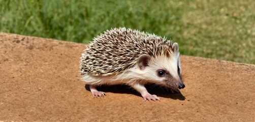  a small hedgehog standing on top of a dirt ground next to a green grass covered field and a small patch of dirt in the middle of the ground next to the hedgehog.