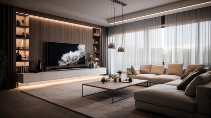 Fototapeta na wymiar house beautiful design interior creative stylish living room in contemporary natural white and beige colour scheme home interior design living room in daylight cosy and simple