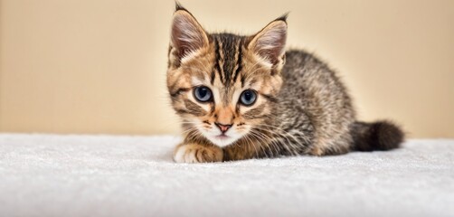  a small kitten with blue eyes sitting on a white blanket looking at the camera with a curious look on its face, with a tan wall in the background,.