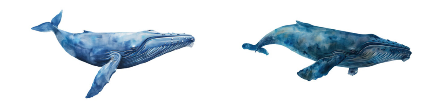 watercolor set of a large blue whale. Isolated transparent background. Set of two whales swimming. 