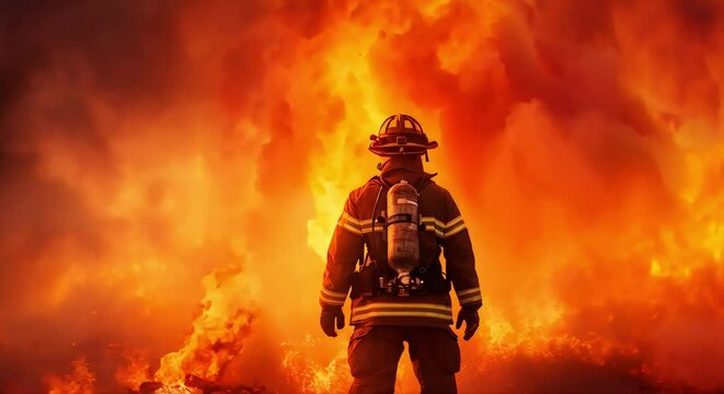 A firefighter standing in front of a large fire (mp4) made with Ai generative technology