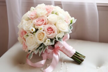Innocent Elegance. Bridal Bouquet of White and Pink Roses Symbolizing Purity and Innocence.