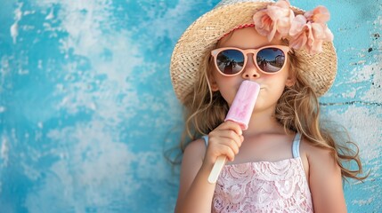 Summertime, a petite child with a summer hat and sunglasses licking a popsicle stick, space, Generative AI. - obrazy, fototapety, plakaty