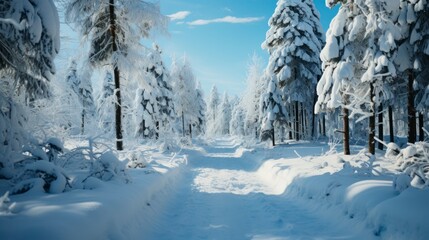 Winter landscape with snowy road in the forest. Panoramic view