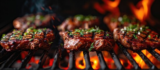 Meat grilling on a BBQ - obrazy, fototapety, plakaty