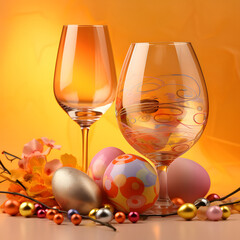 Two glasses of wine, colorful eggs and flowers, Easter celebrate concept on pastel orange background.