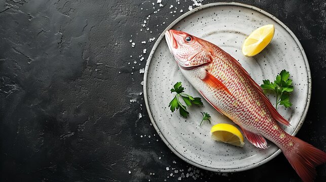 Top view of fresh snapper with a big copy space kept in a plate against a black backdrop, Generative AI.