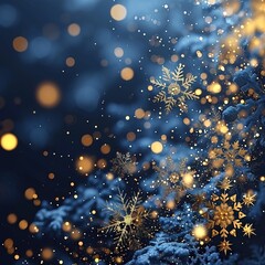 Abstract winter pattern of large golden snowflakes. A snowfall of snowflakes and sequins. Snow decoration