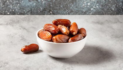 Juicy Glossy dates in a white bowl on a textured grey surface, capturing the essence of Ramadan.