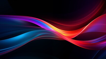 Fototapeta premium Colored glowing waves abstract background. Bright smooth waves on a dark background. Decorative horizontal banner. Digital raster bitmap illustration. AI artwork.