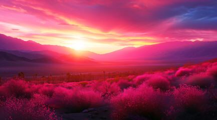 stunning sunset with deep pink and purple hues over a desert landscape with silhouetted mountains and blooming pink flowers in the foreground