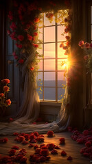 Sunset Dreams in a Room Adorned with Flowers and Light