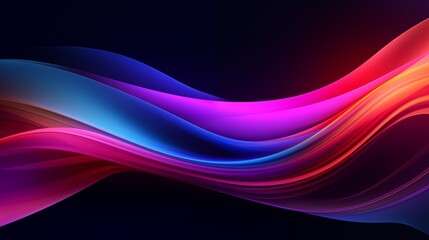 Colored glowing waves abstract background. Bright smooth waves on a dark background. Decorative horizontal banner. Digital raster bitmap illustration. AI artwork.