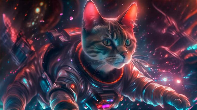 Cat wearing space suit pattern flying in outer space, magical realism, neon colors, looping.