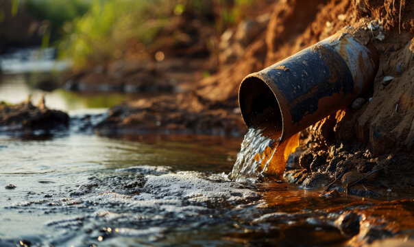 Polluted water flowing from an old rusty pipe into a natural waterway.
