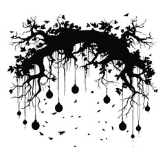 Naklejka premium tree, nature, vector, illustration, silhouette, branch, leaf, design, plant, floral, black, flower, art, drawing, decoration, pattern, spring, bird, element, season, frame, forest, leaves, old, trunk,