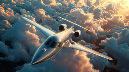 Private jet soaring high amidst majestic clouds at dusk. - obrazy, fototapety, plakaty
