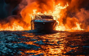 Deurstickers A luxury boat engulfed in fierce flames at sea. © Jan