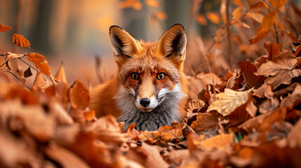 Obraz premium A fox in autumn leaves in the forest