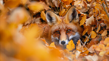 A fox in autumn leaves in the forest