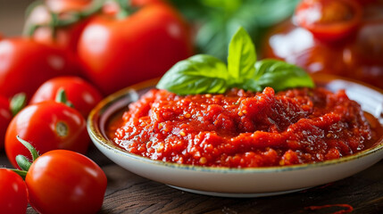 A plate with fresh tomato sauce, and tomatoes - obrazy, fototapety, plakaty