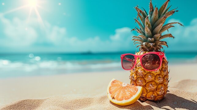 Tropical sandy beachside backdrop featuring a pineapple wearing sunglasses, Generative AI.
