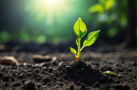 Green tree plant sprout growing up from the black soil