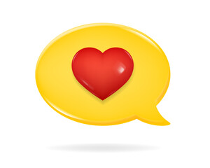 3d icon of a yellow speech bubble with red heart on it. Love chat. New message textbox. Happy Valentine's Day, Mother's Day, Women's Day.