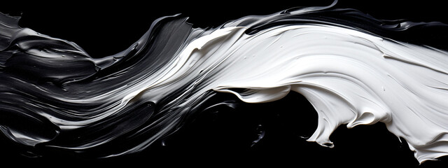 Abstract Painting. Smooth Brush Strokes. Thin Curved Lines. White Paint on Black Background	