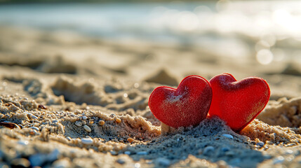 Fototapeta premium Two Hearts on a Sandy Beach Near the Ocean 