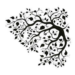 tree, nature, vector, illustration, silhouette, branch, leaf, design, plant, floral, black, flower, art, drawing, decoration, pattern, spring, bird, element, season, frame, forest, leaves, old, trunk,