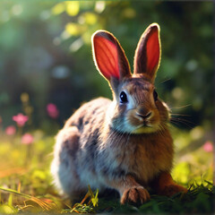 Rabbit is sitting in field of grass and flowers