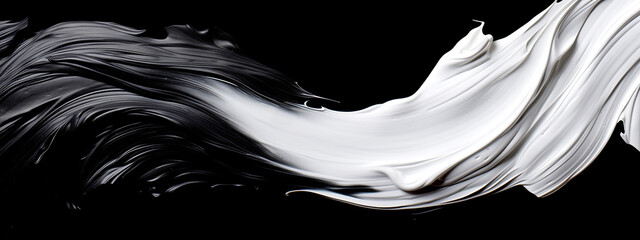 Abstract Painting. Smooth Brush Strokes. Thin Curved Lines. White Paint on Black Background	