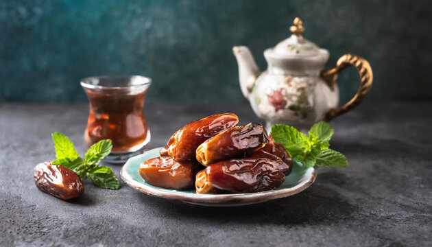 A serene Ramadan Iftar scene with juicy dates, a refreshing cup of tea, and an elegant teapot against a dark backdrop. Perfect for culinary insights and Ramadan greetings.