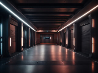 Dark Futuristic Modern Garage Showroom Tunnel Corridor Design. Entrance: 3D Illustration