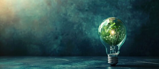 Light bulb with green world map on natural backgound represents renewable energy.Green energy,energy saving concept. AI generated illustration - obrazy, fototapety, plakaty