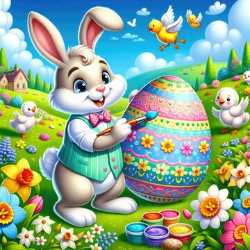 Cute Easter bunny with eggs illustration Cartoon design