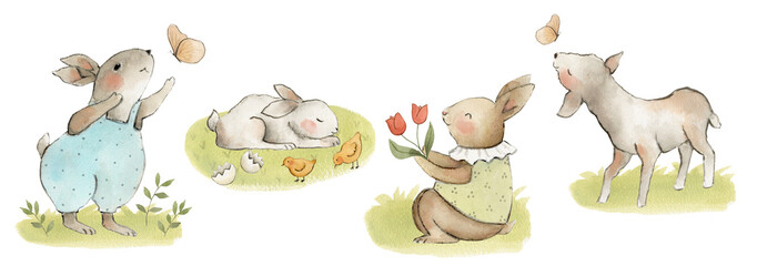 Spring animals easter watercolor set, nursery art 