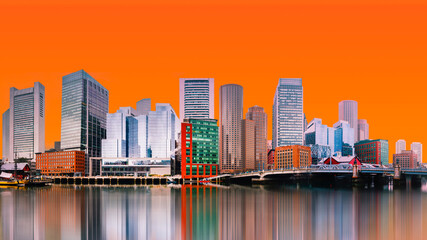 Boston City Skyline, skyscrapers and water reflections on the Charles River with the Orange-color...