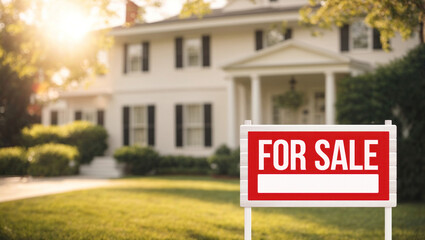 Real estate property for sale sign in front of house. American realtor news banner