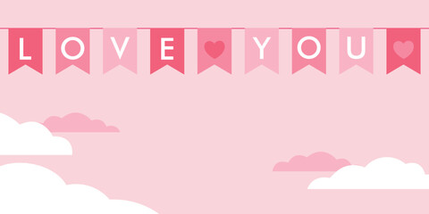 Fototapeta na wymiar pink background with hearts, clouds and love you garland banner, vector illustration for valentine`s day, wedding, birthday banner