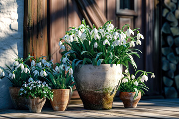beautiful blooming snowdrop flowers growing in a pot near the house,