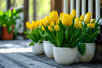 spring flowers yellow tulips in white pots stand on the porch of the house - obrazy, fototapety, plakaty