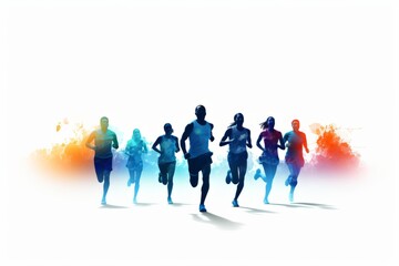 silhouette of a group of runners running together with splash of colors
