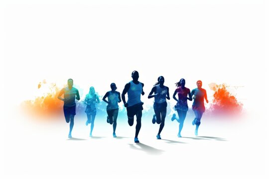 silhouette of a group of runners running together with splash of colors
